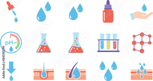 Water hydration skincare and laboratory science icons set showing drops absorption testing isolated flat vector illustration