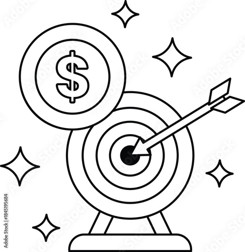 A black and white drawing of a dollar sign and an arrow pointing to a target