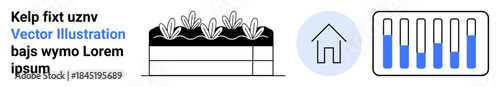 Plant bed with crops, house icon, bar chart in blue. Ideal for sustainability, agriculture, eco-friendly design, technology, data monitoring, home automation simple landing page