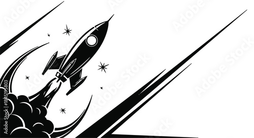 Retro rocket blasting off into starry space with dynamic motion lines