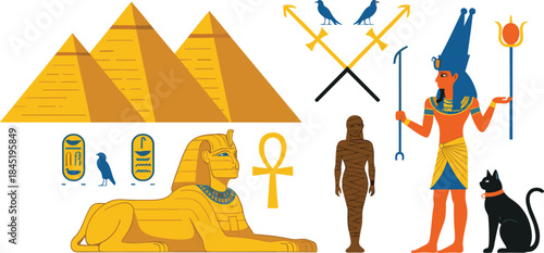 Ancient Egypt symbols and gods collection with pyramids sphinx ankh pharaoh mummy isolated flat vector illustration