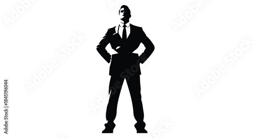 Confident businessman standing tall with hands on hips, projecting strength and authority against a bright background.