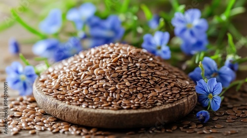 Pile of flax seeds in wooden bowl, with blue flowers
