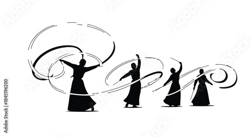 Graceful dancers perform a synchronized routine with flowing ribbons, creating an artistic spectacle.