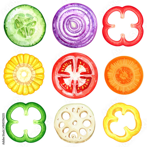 彩り野菜の輪切りセット　水彩イラスト