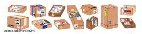 Cardboard boxes, parcels set. Brown carton packages with labels, tapes, stickers, strings and markings. Goods in packs for order delivery. Flat vector illustration isolated on white background