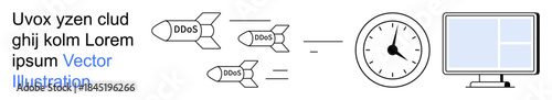 Cyber security, DDoS attack, network protection, system failure, digital defense, cyber monitoring. Rockets labeled DDoS targeting a clock and a computer monitor. Cyber security and network