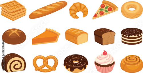 Bakery and pastry products collection with bread donuts cakes croissant pizza waffle isolated flat vector illustration