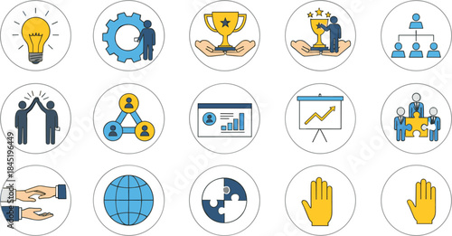 Business teamwork and success icons collection with leadership growth collaboration achievement symbols isolated flat vector illustration