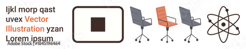 Office design, scientific concepts, minimalism, technology, workspaces, and innovation. office chairs, atomic structure and a square icon. Office design and scientific concepts