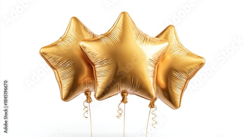 Golden star-shaped balloons floating against a clean white background