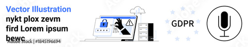 Data security, GDPR compliance, information protection, online privacy, technology regulations, cybercrime awareness. A shield, lock and cloud with a warning symbol. Data protection and GDPR