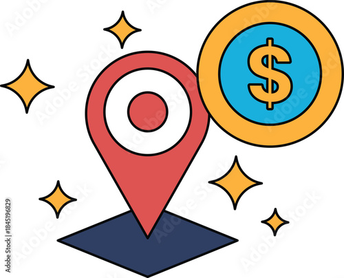 A map with a dollar sign and a star on it