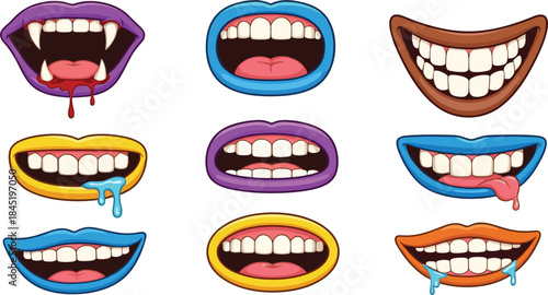 Cartoon mouth expressions collection with smiling laughing vampire and dripping lips isolated colorful flat vector illustration