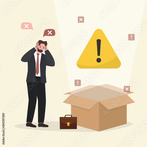 Warning sign flies out of box. Low quality control, bad product and service delivery. Unhappy businessman or manager not checks quality with passed checklist.