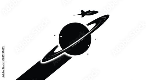 Futuristic spaceship soars past a ringed planet in outer space.