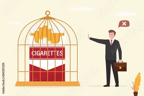 No smoking. Cigarette package closed in birdcage. Quit smoking. Stop nicotine addiction. Happy smoker man refuse tobacco, young adult show stop gesture. Healthy lifestyle
