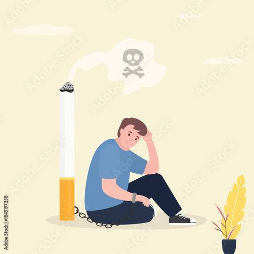 Unhappy male smoker sitting chained giant cigarette. Sad man with nicotine dependence. Tobacco and nicotine products addiction. Smoking kills, unhealthy lifestyle.