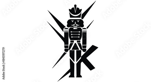 Striking black and white illustration of a classic nutcracker soldier with sharp, geometric accents.