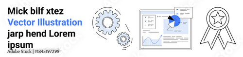 Business management, data analysis, workflow improvement, digital tools, achievement, innovation. Includes gears, analytics dashboard and achievement badge. Business and data analysis concept