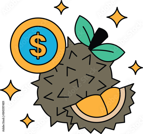 A drawing of a fruit with a dollar sign and a dollar bill