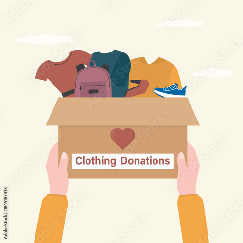 Clothing donation banner. Used clothes into cardboard box. Charity donation concept, second hand things. Support and humanitarian aid. Woman volunteer hold box.