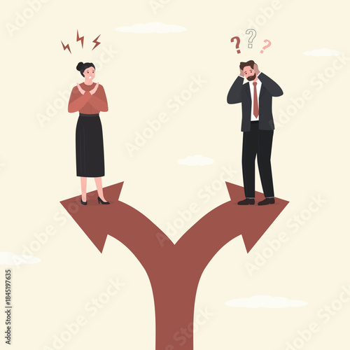 Couple person has different opinions. Conflict of opinion, divorce. Business people stand on arrows in different directions. Problems of communication, mutual understanding