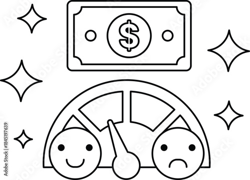A black and white drawing of a car with a speedometer and a dollar bill