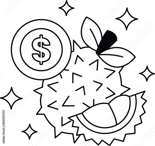 A drawing of a fruit with a dollar sign and a dollar bill