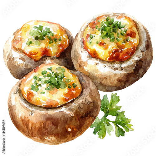 Stuffed Mushrooms watercolor vector, hand-painted style, high-quality illustration isolated on white background.