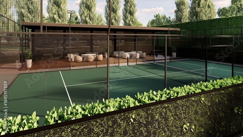 Obraz na plátně outdoor padel court illustration 3d render green court with lounge