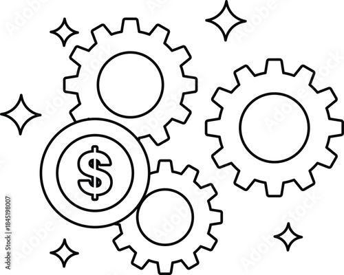 A black and white drawing of gears with a dollar sign in the middle