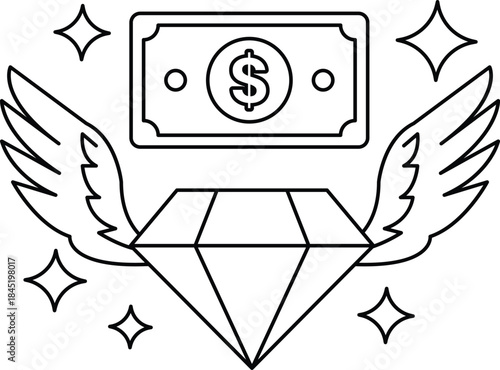 A dollar bill with a diamond on top of it