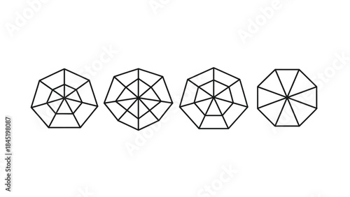 Sequence of four black and white octagonal diagrams illustrating progressive radial division and geometric progression concepts