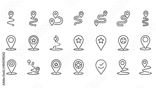 Collection of minimalist black outline map pin icons representing navigation routes destinations and location markers for apps