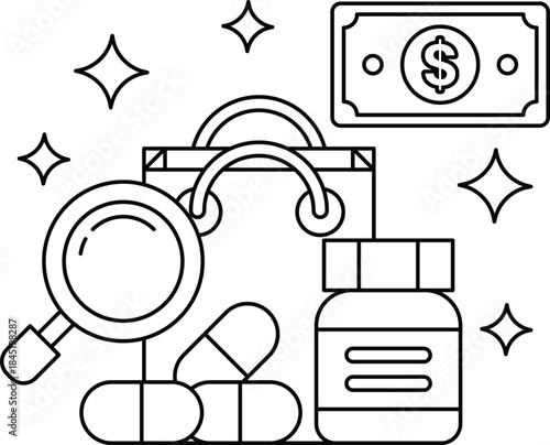 A black and white drawing of a shopping bag with a dollar bill