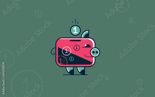 Piggy bank concept poster, piggybank with coin vector icon style illustration, cute pig flat style.