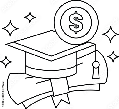 A graduation cap is on top of a stack of money