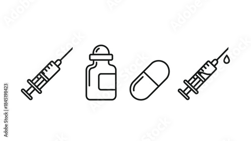 Simple black line icons representing medical treatment options including syringes vials and a pharmaceutical capsule for healthcare concepts