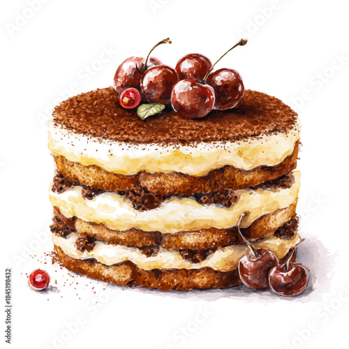 Tiramisu Cake watercolor vector illustration, high-quality artwork isolated on a pure white background.