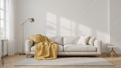 Minimalist living room interior with sofa and natural light, modern home decor, clean and cozy design concept