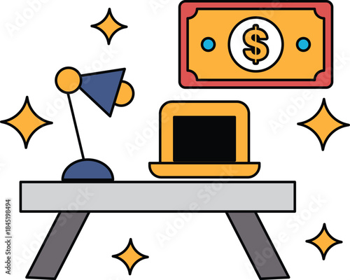 A desk with a laptop, a lamp, and a dollar bill