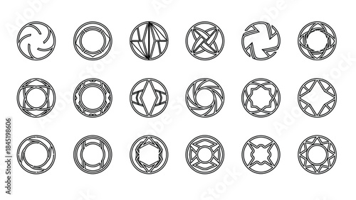Collection of eighteen black and white circular abstract geometric line art icons perfect for modern design projects