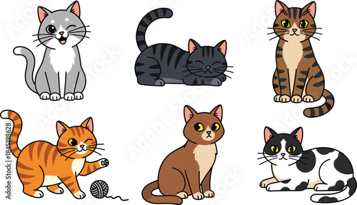 Cute cartoon cats collection with different breeds poses and expressions isolated on white background flat vector illustration
