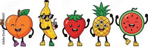 Cute cartoon fruit characters set with banana strawberry pineapple watermelon smiling mascots isolated flat vector illustration