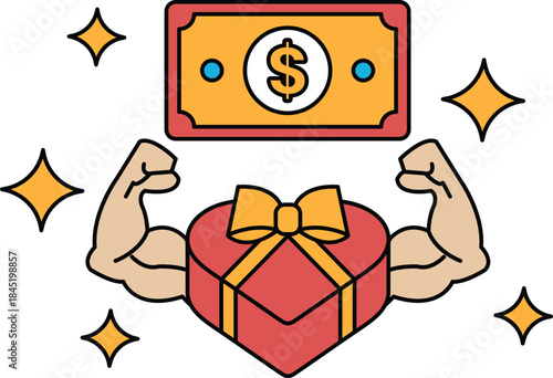 A dollar bill is on top of a box with a bow