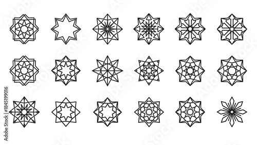 Collection of eighteen black and white geometric star and rosette line art icons perfect for cultural or decorative design projects