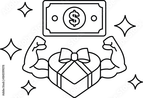 A dollar bill is on top of a box with a bow