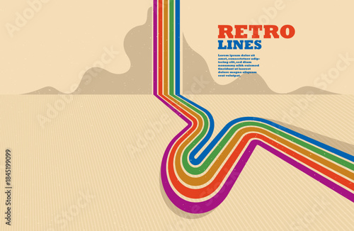 Retro style abstract background with curve lines in all colors of rainbow, 3D dimensional seventieth vector art.