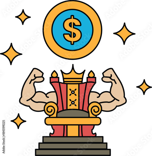 A man with a muscular build is sitting on a throne with a dollar sign on top of